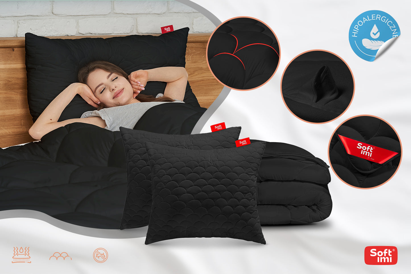 Visasezoninė antialerginė antklodė 200x220 + 2 pagalvės 70x80 juodas rinkinys
