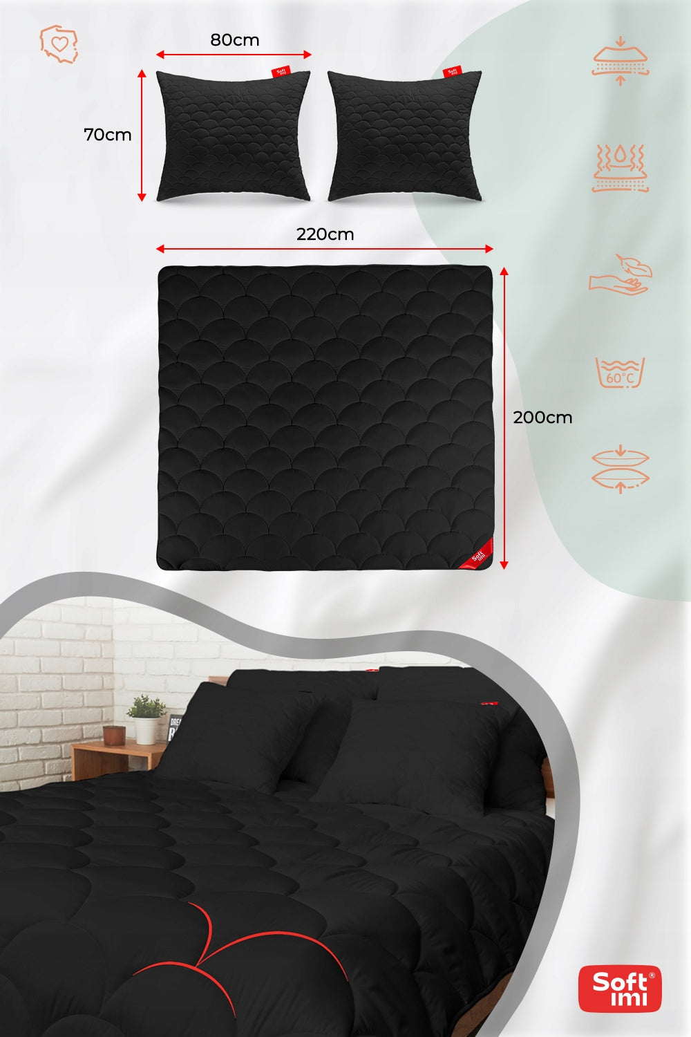 Visasezoninė antialerginė antklodė 200x220 + 2 pagalvės 70x80 juodas rinkinys