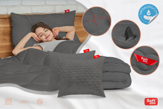 Visasezoninis antialerginis antklodžių komplektas 220x240 + 2 pagalvės 70x80 pilkos spalvos