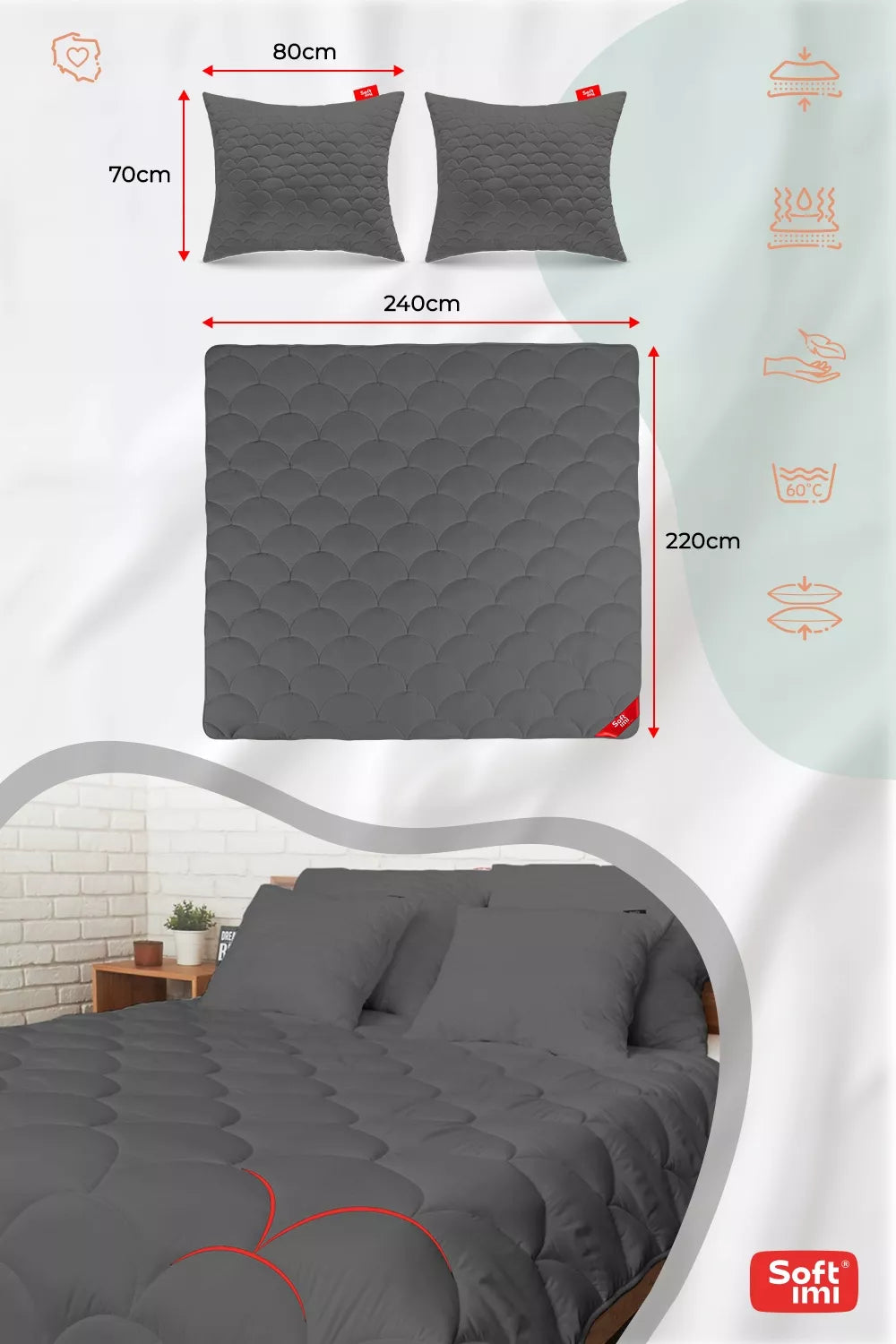 Visasezoninis antialerginis antklodžių komplektas 220x240 + 2 pagalvės 70x80 pilkos spalvos