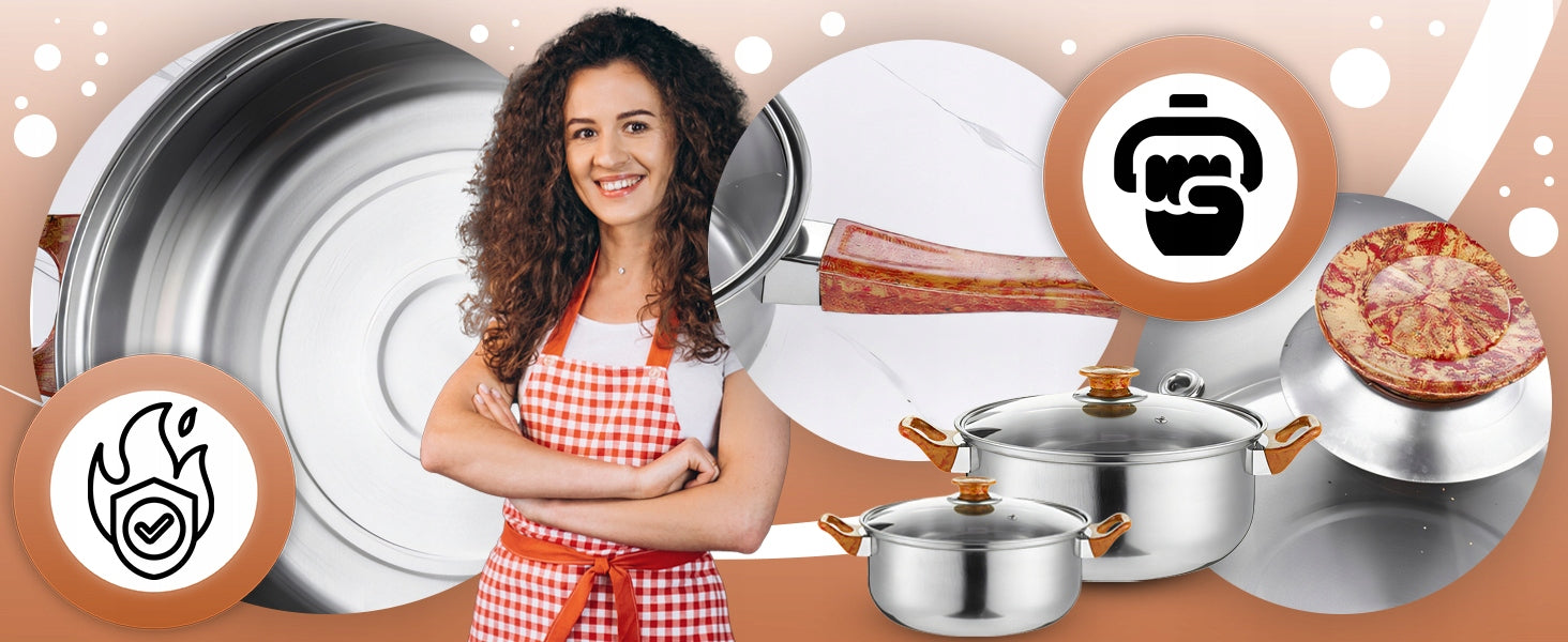 11 VIENETŲ VIRTUVĖS PUODŲ KOMPLEKTAS DUJOMS, INDUKCIJAI, ARBATINUKAS, KEPTUVĖ + DANGČIAI