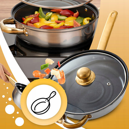 11 VIENETŲ VIRTUVĖS PUODŲ KOMPLEKTAS DUJOMS, INDUKCIJAI, ARBATINUKAS, KEPTUVĖ + DANGČIAI