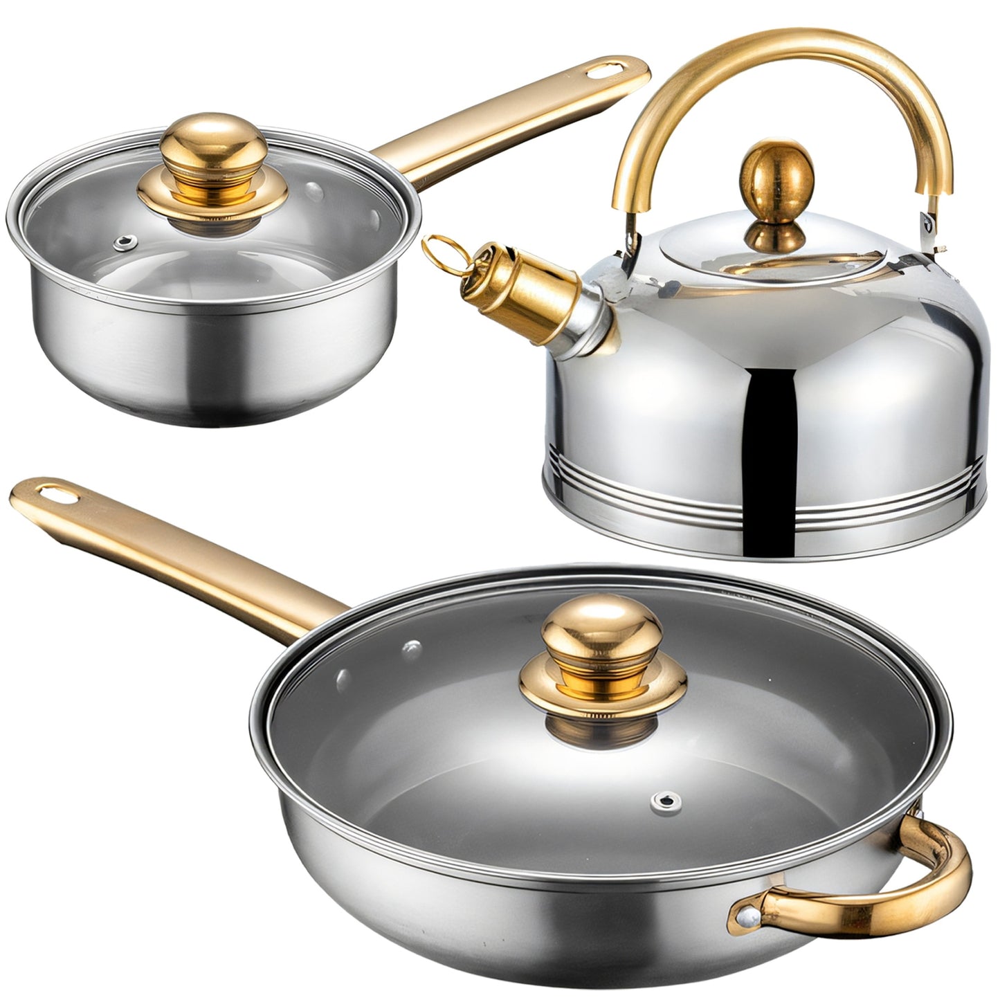 11 VIENETŲ VIRTUVĖS PUODŲ KOMPLEKTAS DUJOMS, INDUKCIJAI, ARBATINUKAS, KEPTUVĖ + DANGČIAI