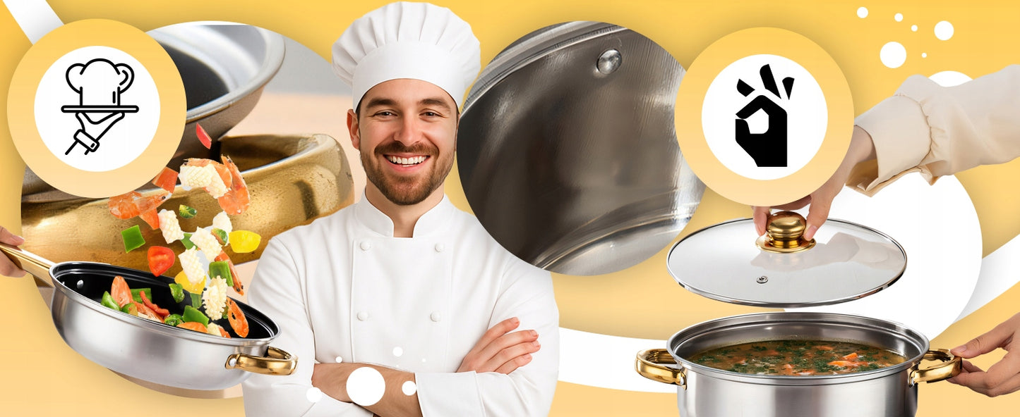 11 VIENETŲ VIRTUVĖS PUODŲ KOMPLEKTAS DUJOMS, INDUKCIJAI, ARBATINUKAS, KEPTUVĖ + DANGČIAI