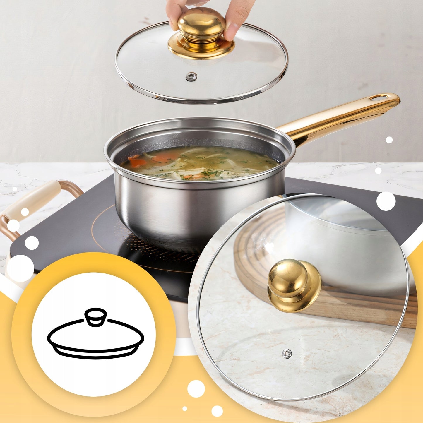 11 VIENETŲ VIRTUVĖS PUODŲ KOMPLEKTAS DUJOMS, INDUKCIJAI, ARBATINUKAS, KEPTUVĖ + DANGČIAI