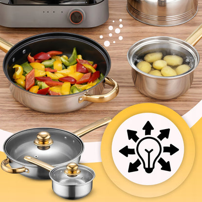 11 VIENETŲ VIRTUVĖS PUODŲ KOMPLEKTAS DUJOMS, INDUKCIJAI, ARBATINUKAS, KEPTUVĖ + DANGČIAI