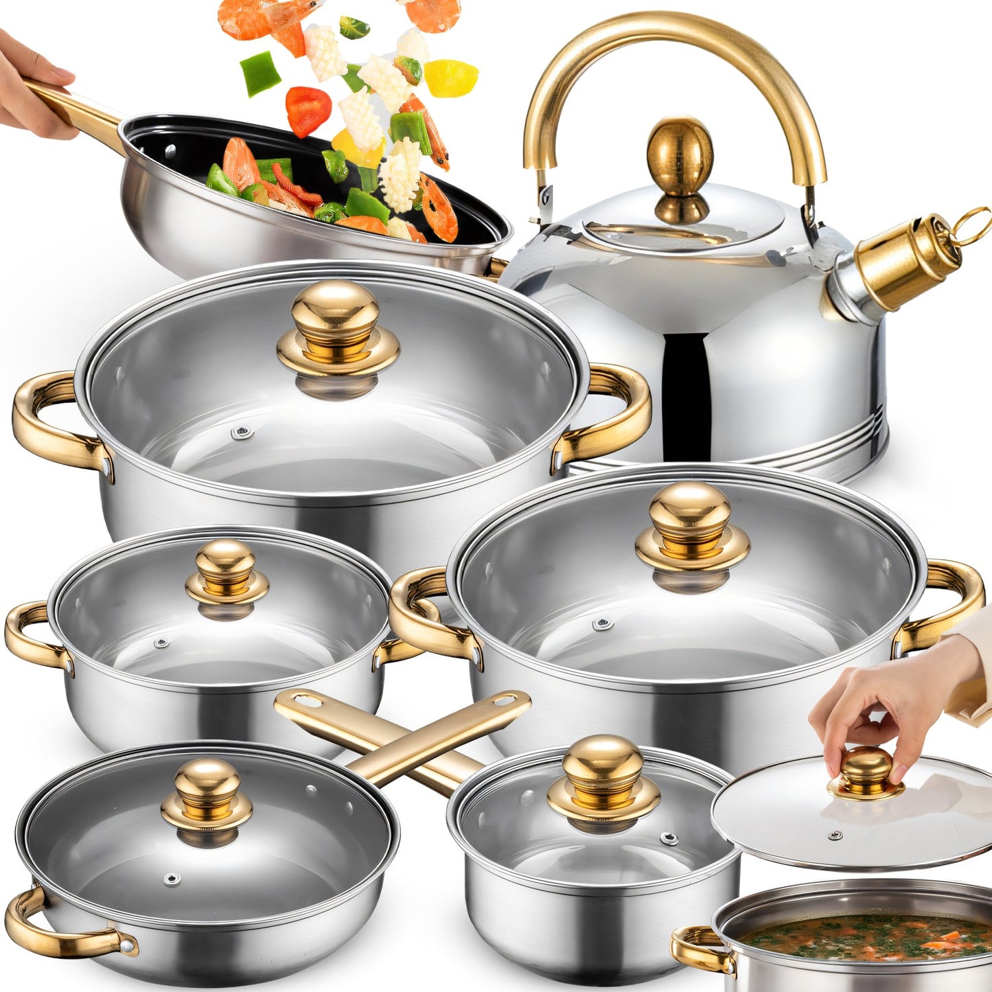 11 VIENETŲ VIRTUVĖS PUODŲ KOMPLEKTAS DUJOMS, INDUKCIJAI, ARBATINUKAS, KEPTUVĖ + DANGČIAI