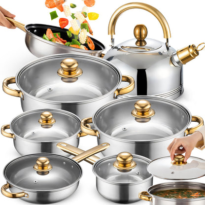 11 VIENETŲ VIRTUVĖS PUODŲ KOMPLEKTAS DUJOMS, INDUKCIJAI, ARBATINUKAS, KEPTUVĖ + DANGČIAI