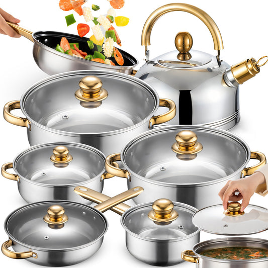 11 VIENETŲ VIRTUVĖS PUODŲ KOMPLEKTAS DUJOMS, INDUKCIJAI, ARBATINUKAS, KEPTUVĖ + DANGČIAI