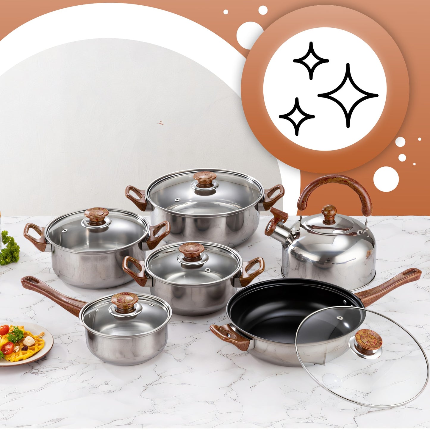 11 VIENETŲ VIRTUVĖS PUODŲ KOMPLEKTAS DUJOMS, INDUKCIJAI, ARBATINUKAS, KEPTUVĖ + DANGČIAI