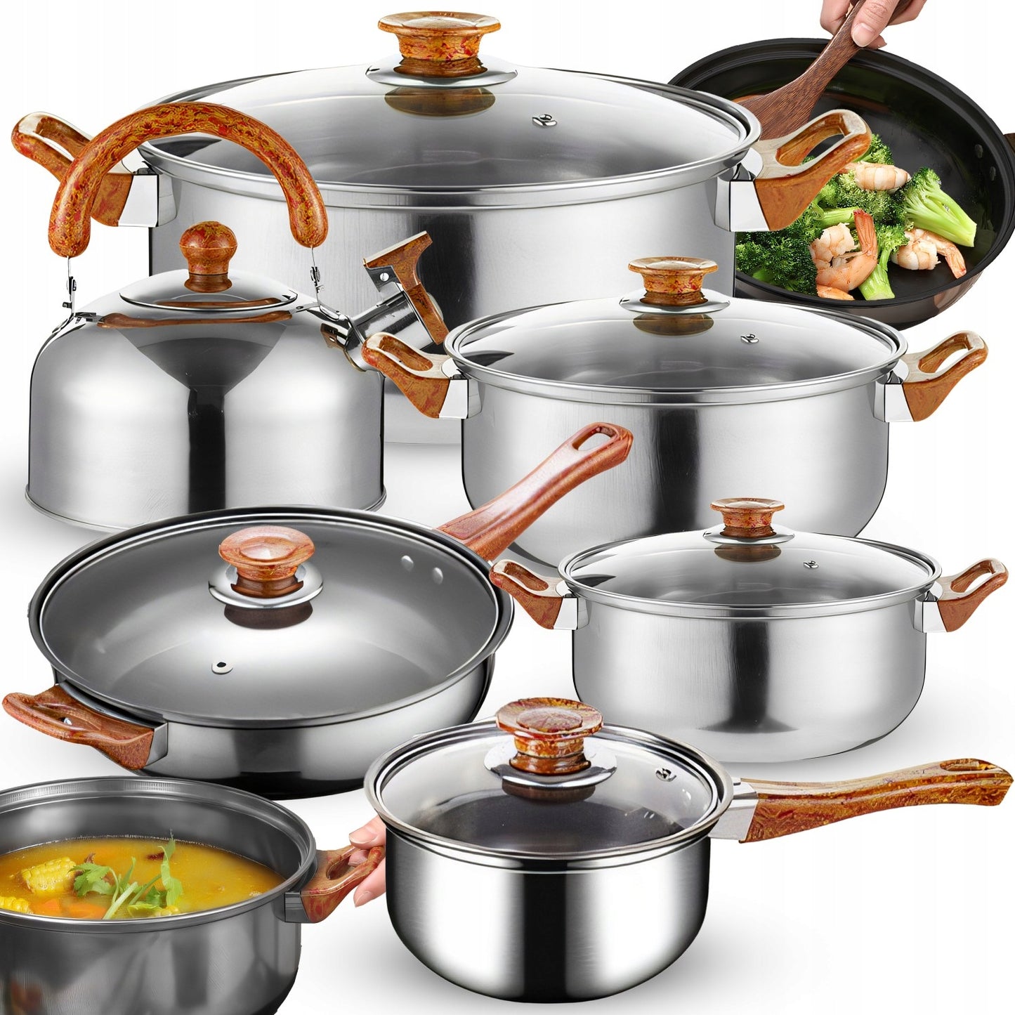 11 VIENETŲ VIRTUVĖS PUODŲ KOMPLEKTAS DUJOMS, INDUKCIJAI, ARBATINUKAS, KEPTUVĖ + DANGČIAI