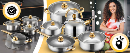 11 VIENETŲ VIRTUVĖS PUODŲ KOMPLEKTAS DUJOMS, INDUKCIJAI, ARBATINUKAS, KEPTUVĖ + DANGČIAI