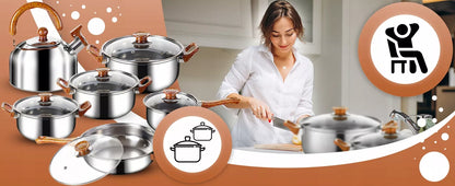 11 VIENETŲ VIRTUVĖS PUODŲ KOMPLEKTAS DUJOMS, INDUKCIJAI, ARBATINUKAS, KEPTUVĖ + DANGČIAI