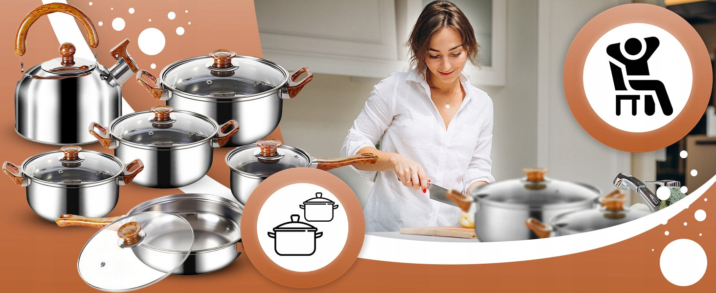 11 VIENETŲ VIRTUVĖS PUODŲ KOMPLEKTAS DUJOMS, INDUKCIJAI, ARBATINUKAS, KEPTUVĖ + DANGČIAI