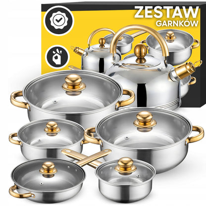 11 VIENETŲ VIRTUVĖS PUODŲ KOMPLEKTAS DUJOMS, INDUKCIJAI, ARBATINUKAS, KEPTUVĖ + DANGČIAI