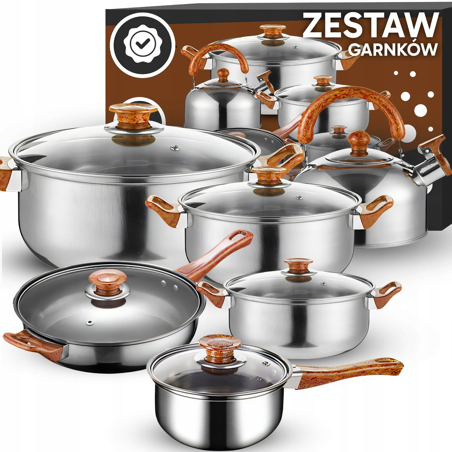 11 VIENETŲ VIRTUVĖS PUODŲ KOMPLEKTAS DUJOMS, INDUKCIJAI, ARBATINUKAS, KEPTUVĖ + DANGČIAI