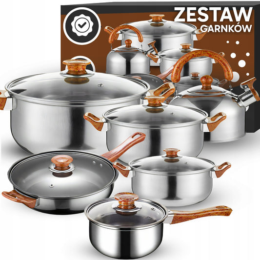 11 VIENETŲ VIRTUVĖS PUODŲ KOMPLEKTAS DUJOMS, INDUKCIJAI, ARBATINUKAS, KEPTUVĖ + DANGČIAI