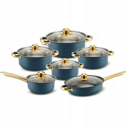 12 elementų nerūdijančio plieno virtuvės puodų ir keptuvės rinkinys su dangčiais