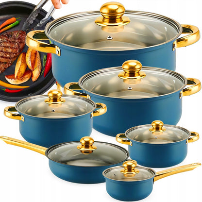 12 elementų nerūdijančio plieno virtuvės puodų ir keptuvės rinkinys su dangčiais