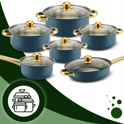 12 elementų nerūdijančio plieno virtuvės puodų ir keptuvės rinkinys su dangčiais