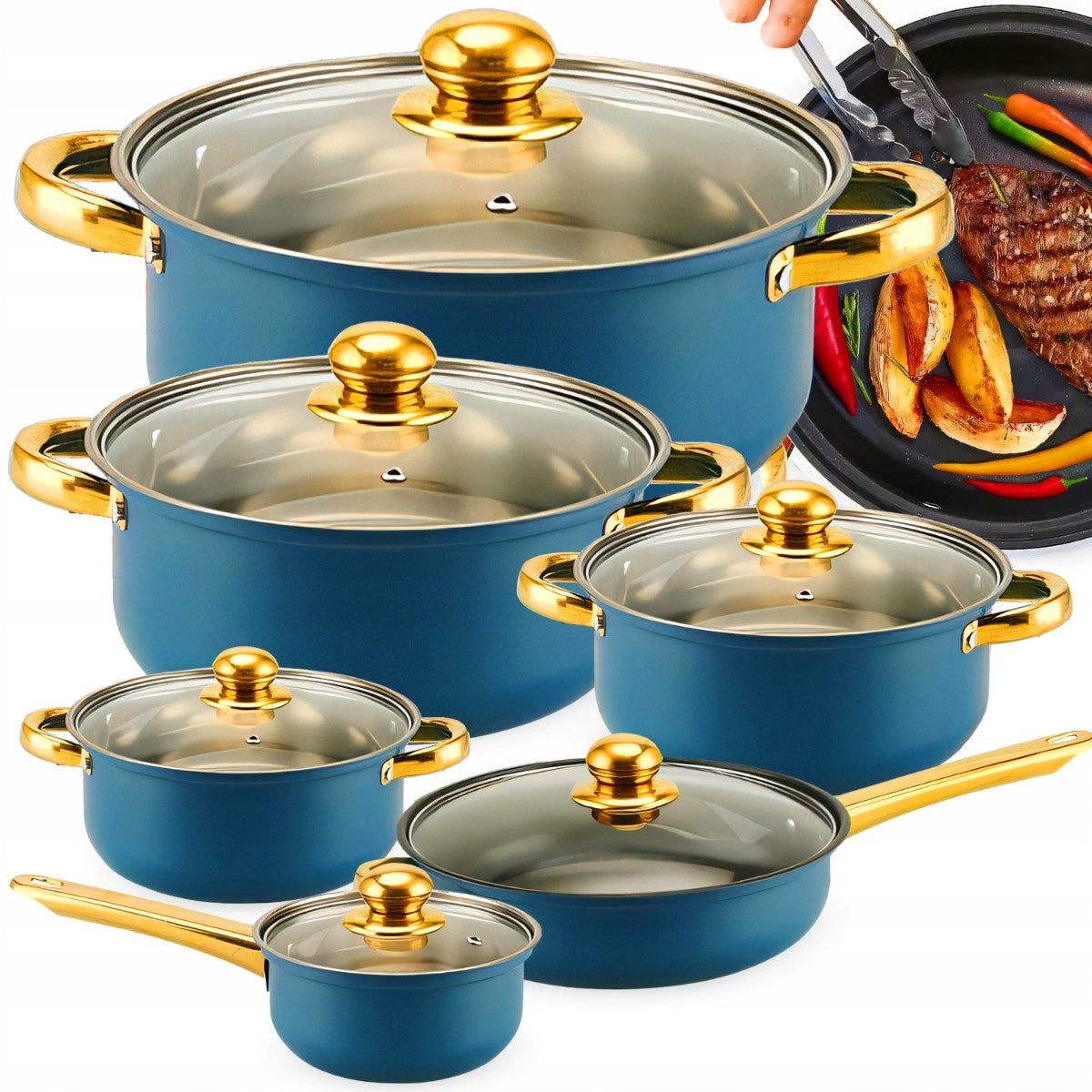 12 elementų nerūdijančio plieno virtuvės puodų ir keptuvės rinkinys su dangčiais
