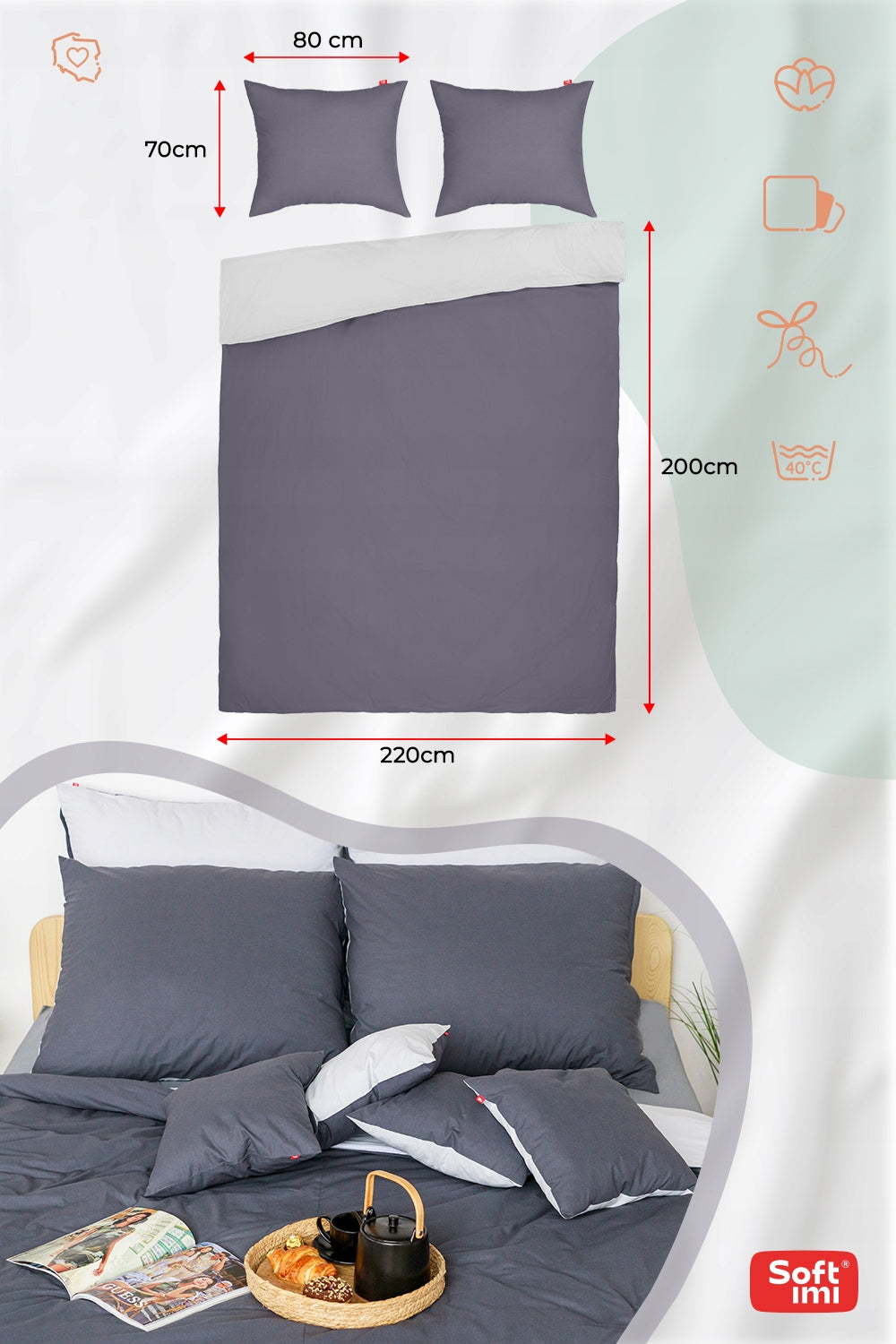 Patalynės komplektas 200x220 cm, 100% medvilnė, + 2 užvalkalai 70x80 cm, dvipusė patalynė.