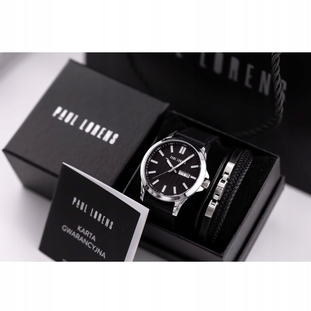 Vyrų dovanų komplektas PAUL LORENS - Laikrodis + Apyrankė (zg374f)