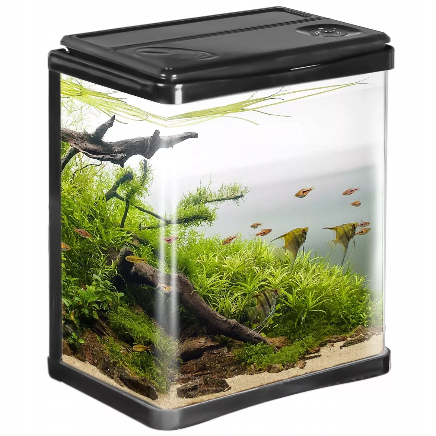 PILNAS MODERNUS AKVARIUMAS 3L JUODAS SU LED IR FILTRU TVIRTAS STIKLINIS