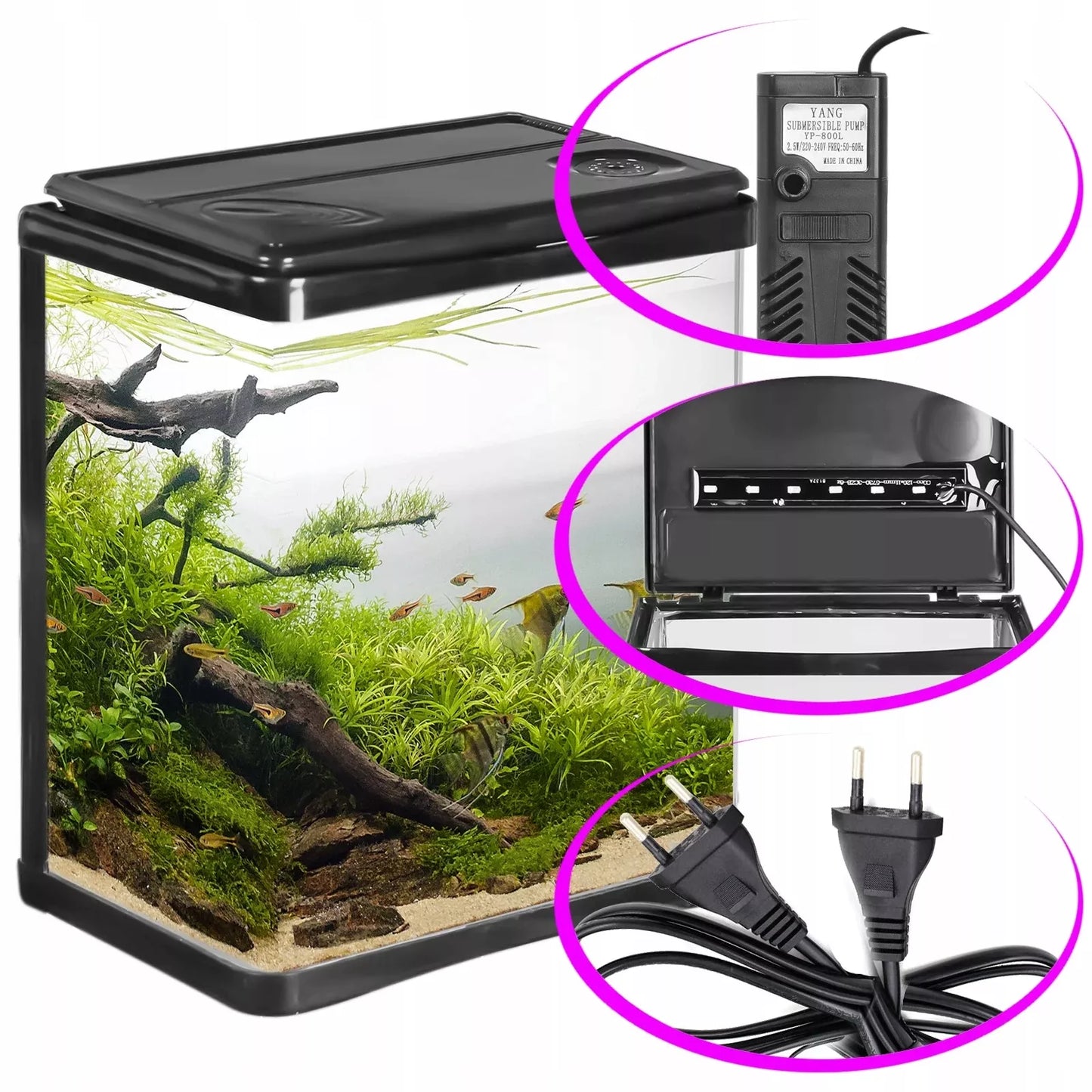 PILNAS MODERNUS AKVARIUMAS 3L JUODAS SU LED IR FILTRU TVIRTAS STIKLINIS