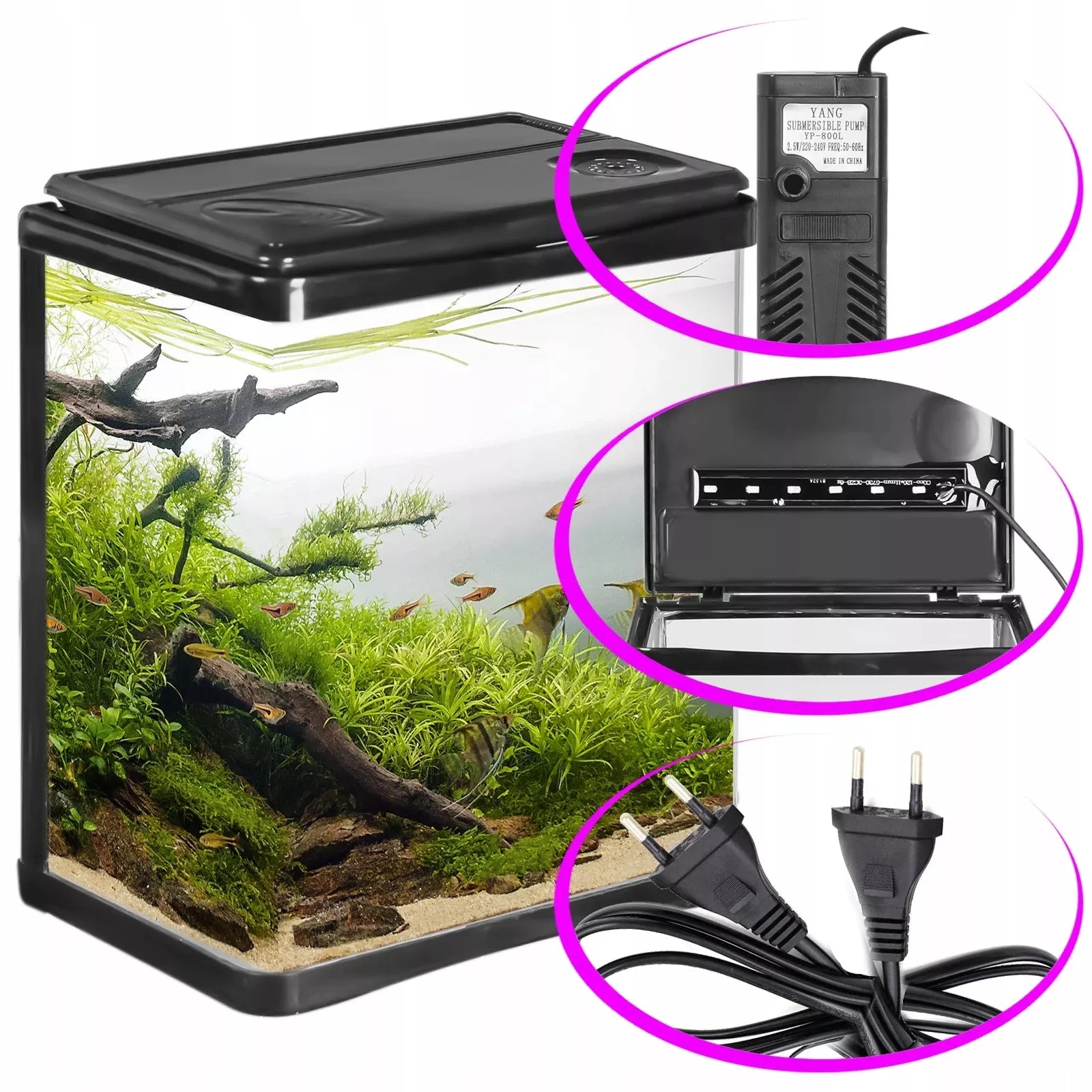 PILNAS MODERNUS AKVARIUMAS 3L JUODAS SU LED IR FILTRU TVIRTAS STIKLINIS