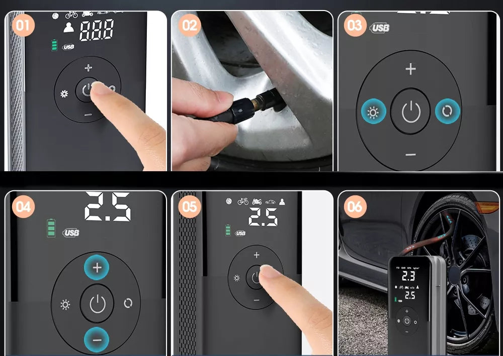 BEZPRZEWODOWA POMPKA SAMOCHODOWA MOTOCYKLOWA ROWEROWA KOMPRESOR POWERBANK USB