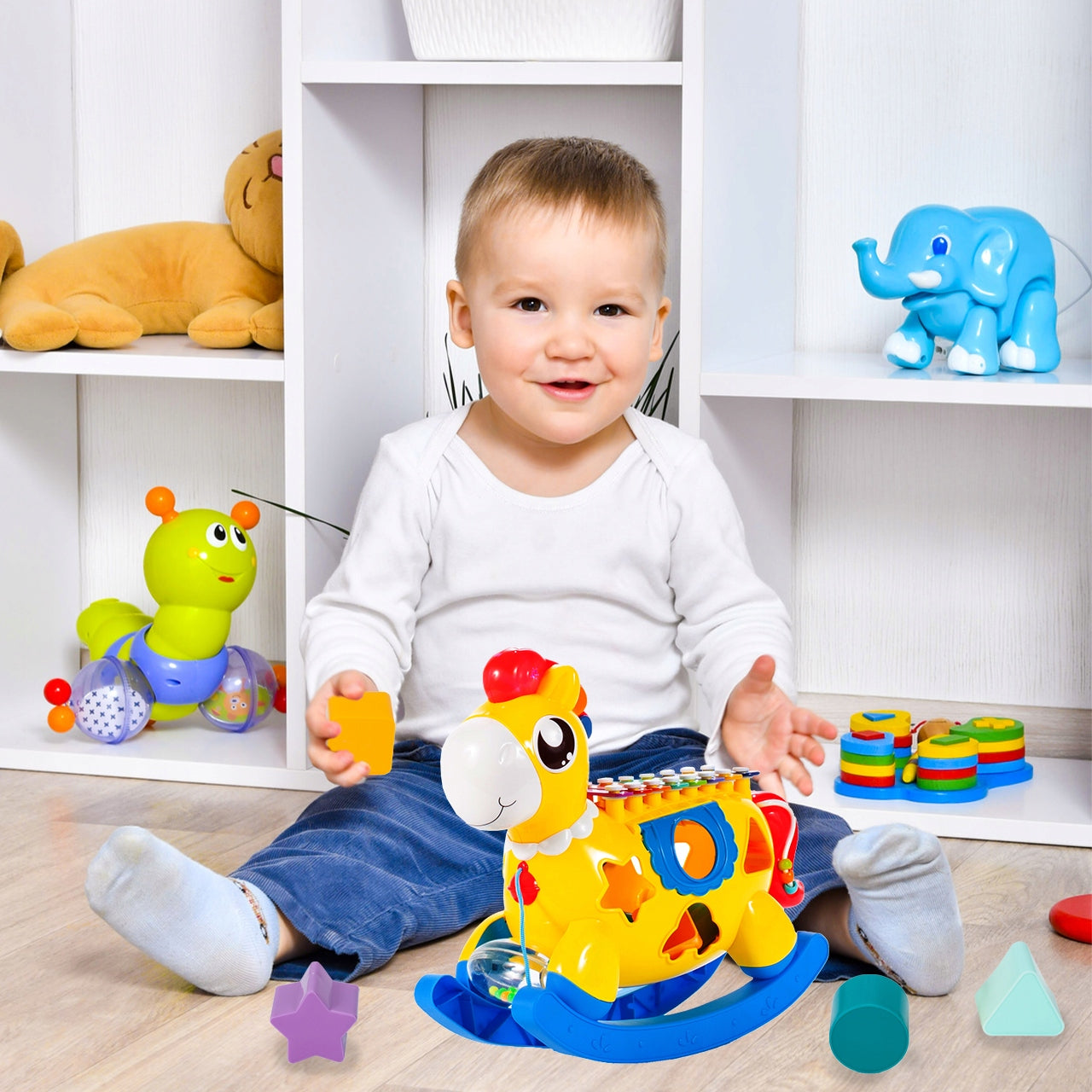 Arklinis arklys interaktyvus rūšiuotojas, varpeliai, kaladėlės, formelės, šviesa, garsas