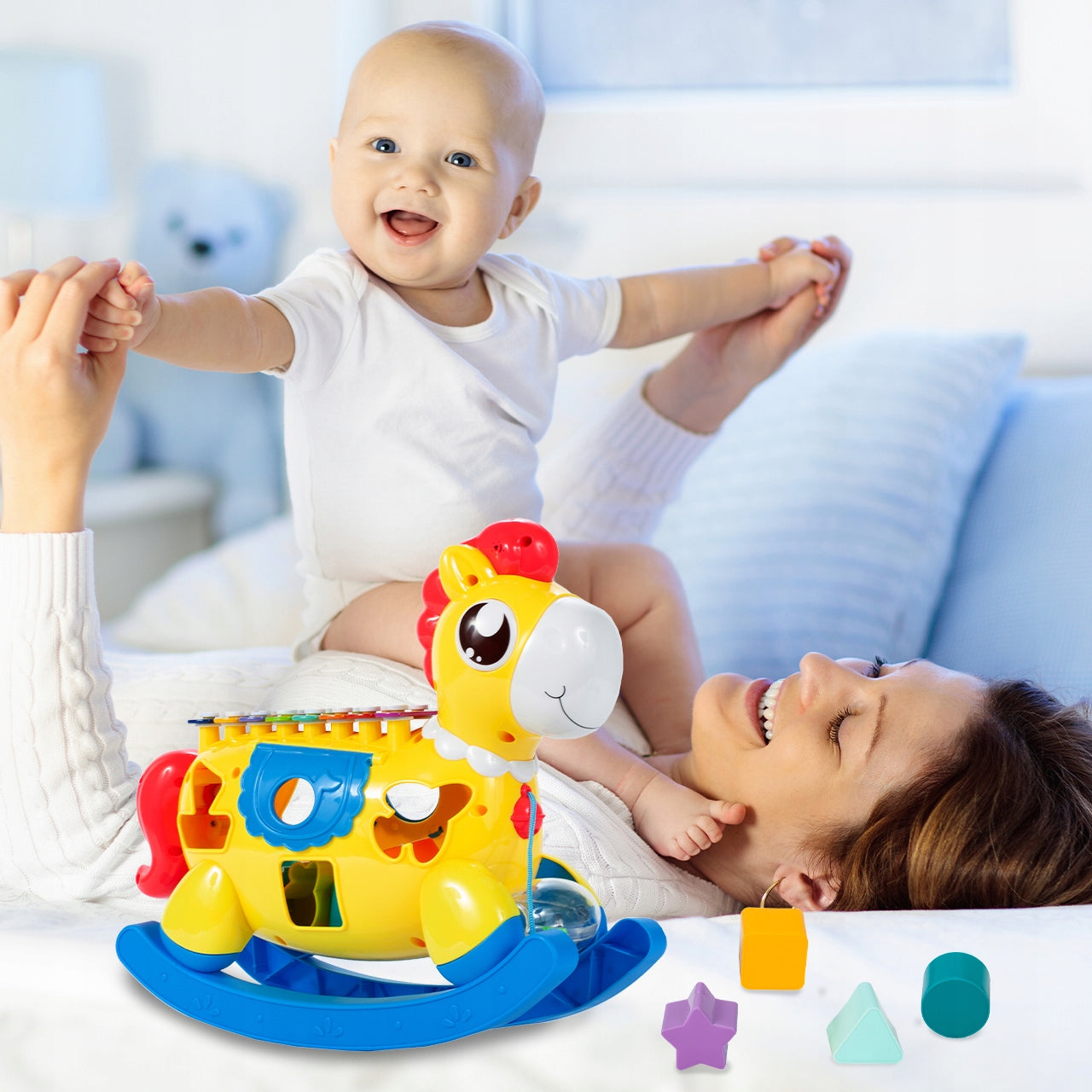 Arklinis arklys interaktyvus rūšiuotojas, varpeliai, kaladėlės, formelės, šviesa, garsas