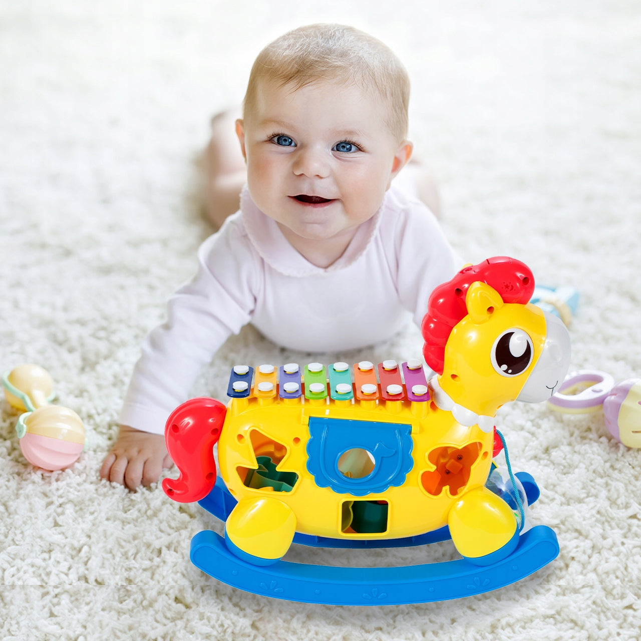 Arklinis arklys interaktyvus rūšiuotojas, varpeliai, kaladėlės, formelės, šviesa, garsas