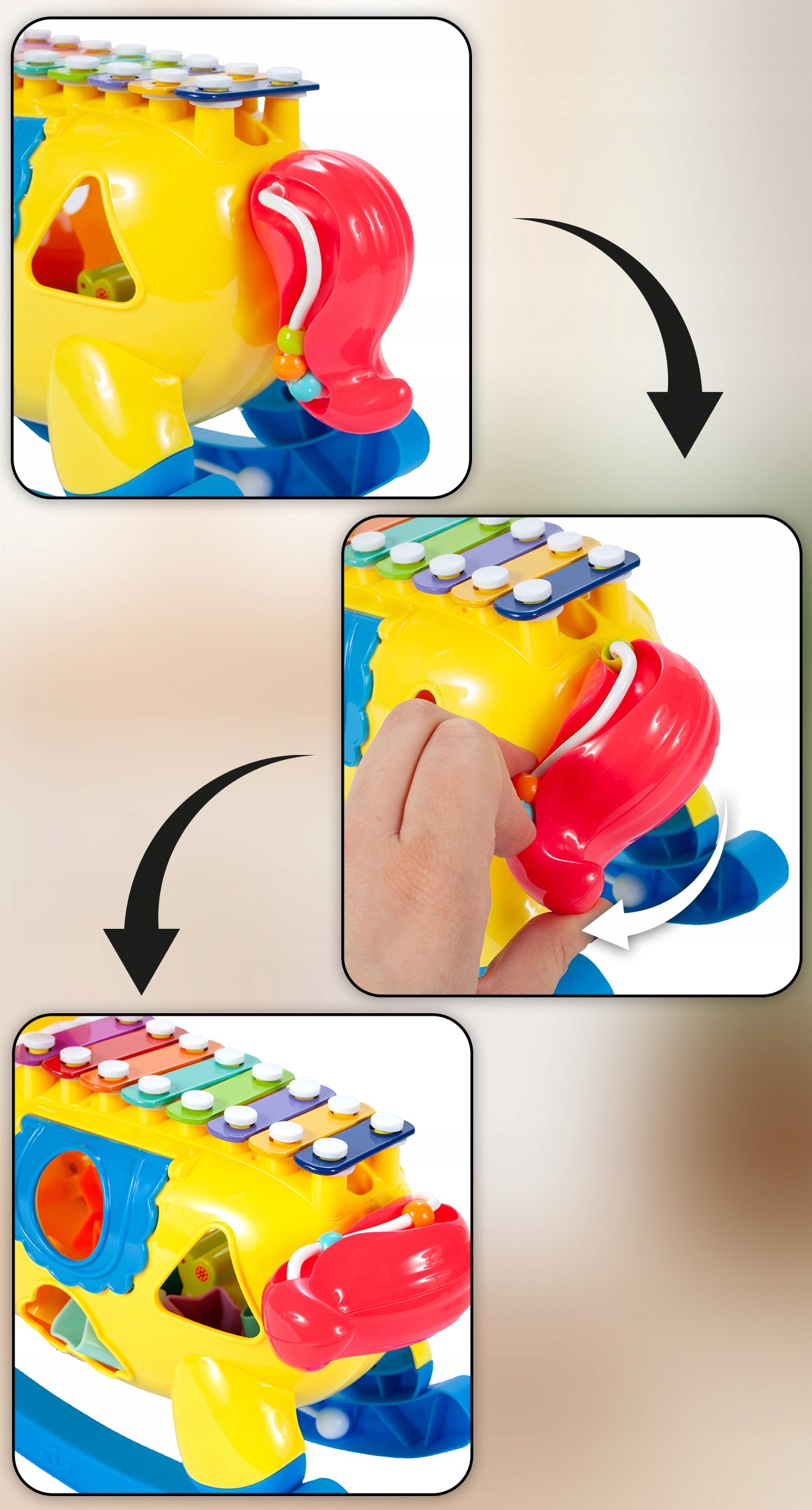 Arklinis arklys interaktyvus rūšiuotojas, varpeliai, kaladėlės, formelės, šviesa, garsas