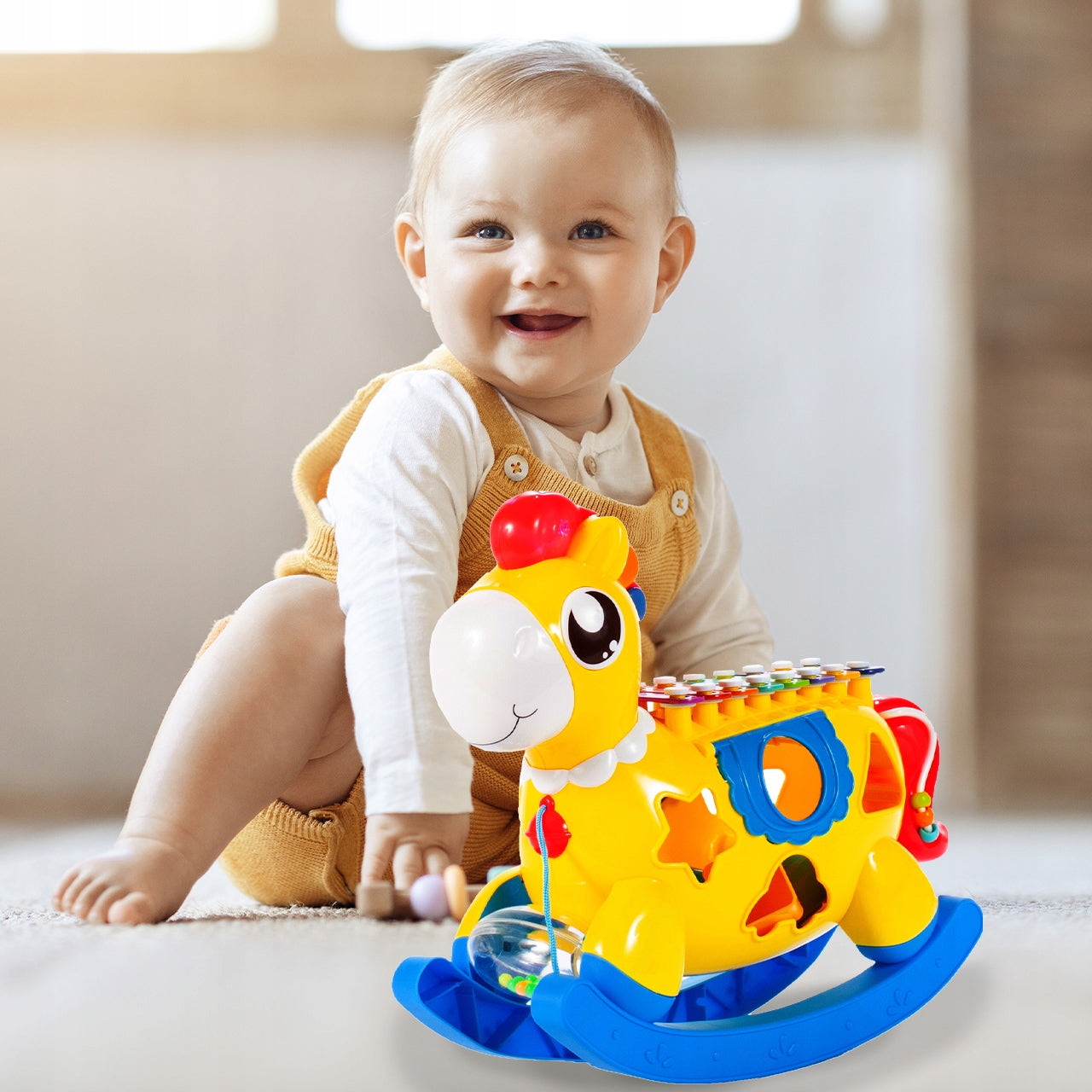 Arklinis arklys interaktyvus rūšiuotojas, varpeliai, kaladėlės, formelės, šviesa, garsas