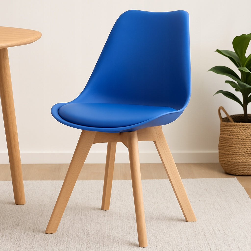 Skandinaviška kėdė su pagalvėle, mėlyna, medinės kojos, ekooda, 4 vnt.