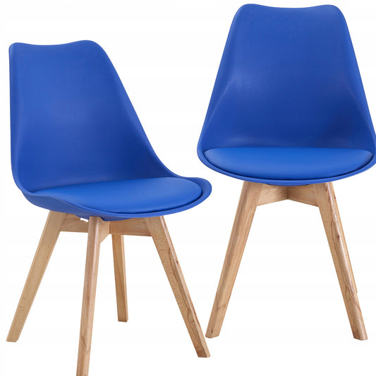 Skandinaviško stiliaus kėdė su mėlyna pagalvėle, ekooda, medinės kojos, 2 vnt.