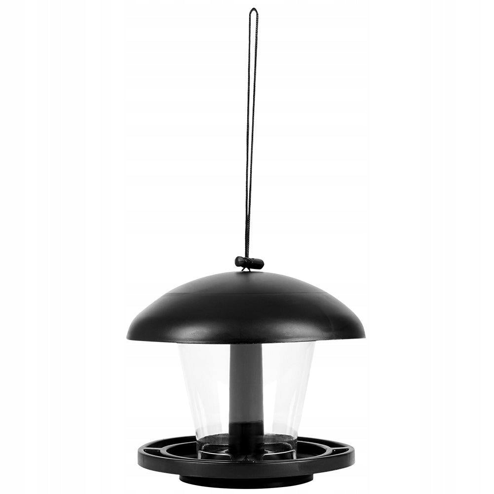 Juodas pakabinamas paukščių lesyklėlės namelis maistui ir sėkloms