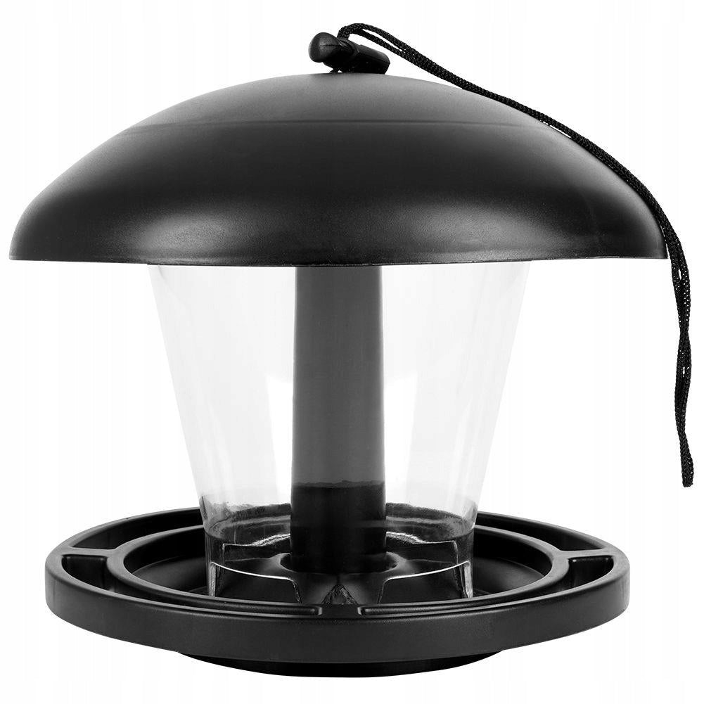 Juodas pakabinamas paukščių lesyklėlės namelis maistui ir sėkloms