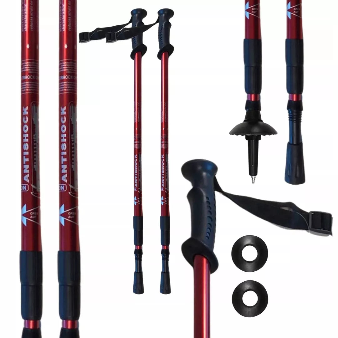 3-segmentinės teleskopinės vaikščiojimo lazdos "Nordic Walking", sulankstomos, raudonos