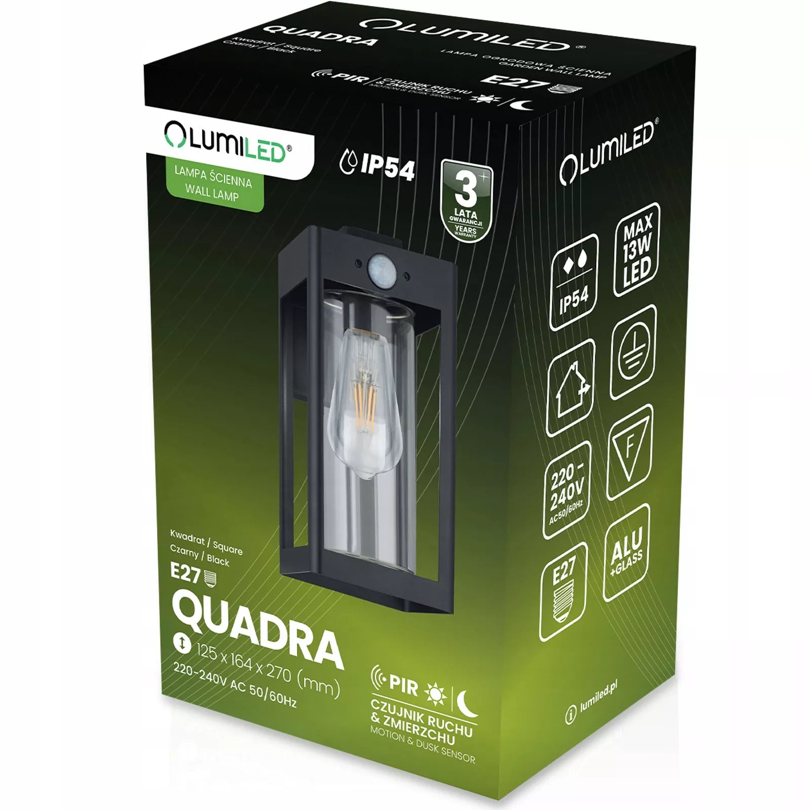 Sodo sieninis šviestuvas lauko fasadinis E27 LED su PIR judesio jutikliu IP54