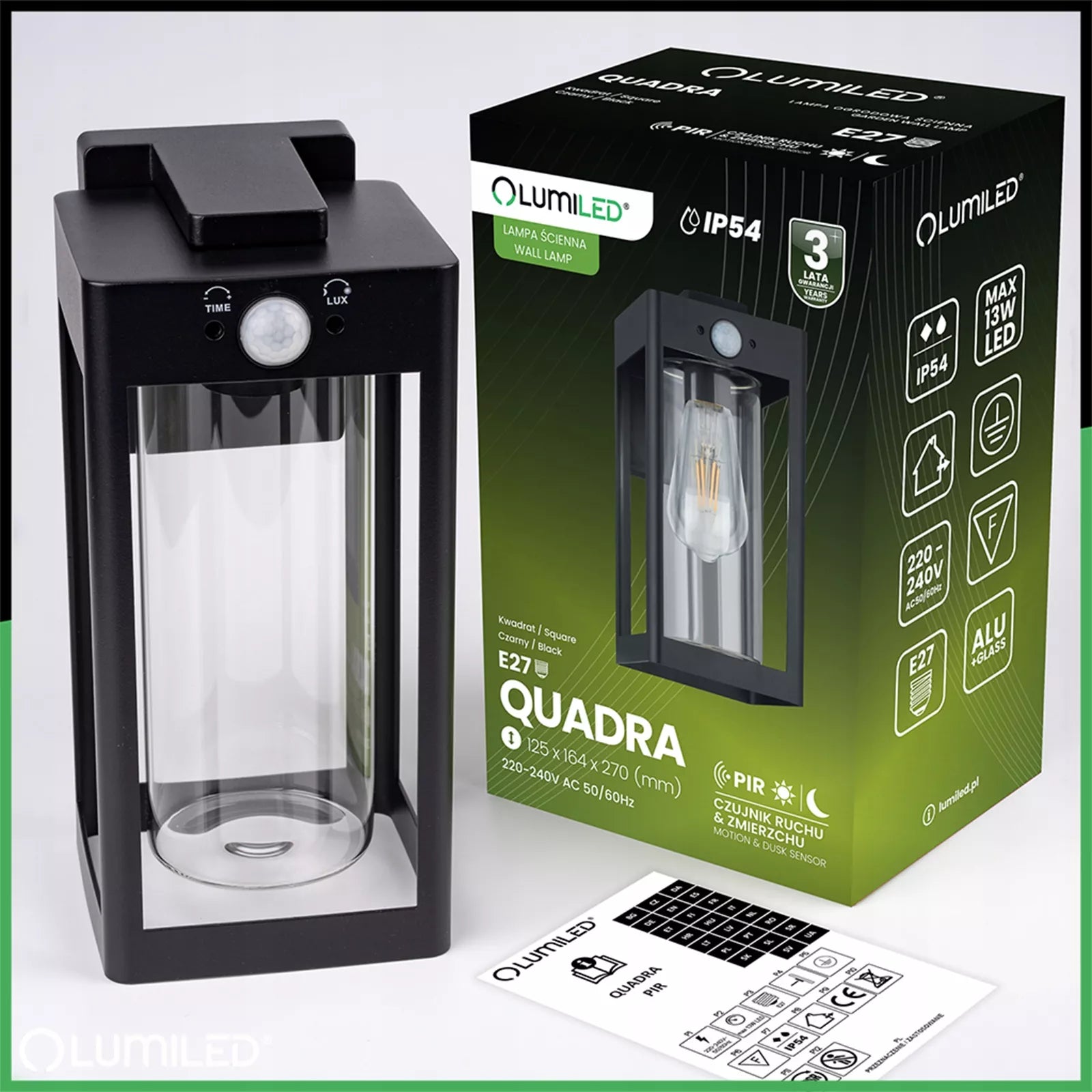 Sodo sieninis šviestuvas lauko fasadinis E27 LED su PIR judesio jutikliu IP54