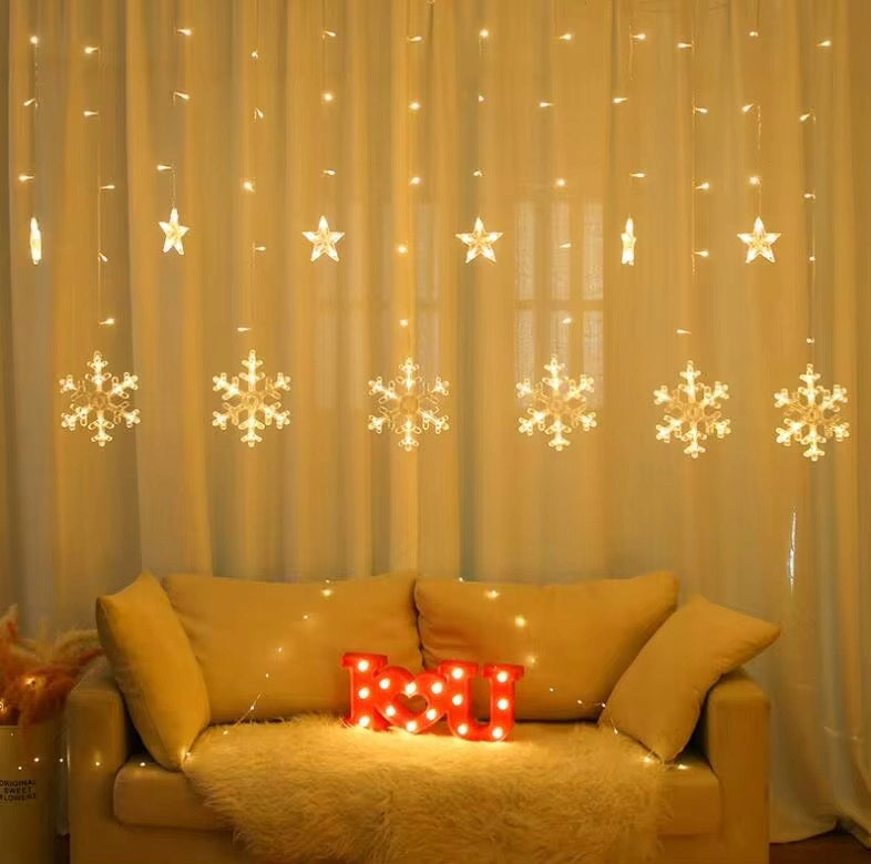 LED šviesos užuolaida 120 snaigės formos diodų lango dekoracija, šiltai geltona