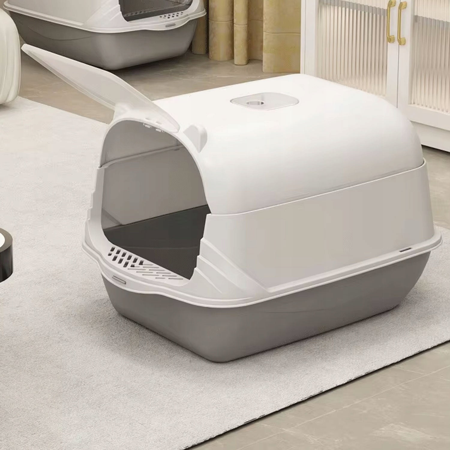 Kačių tualeto dėžutė Uždaroma didelė tvirta kačių tualeto dėžutė su kraiko kastuvėliu