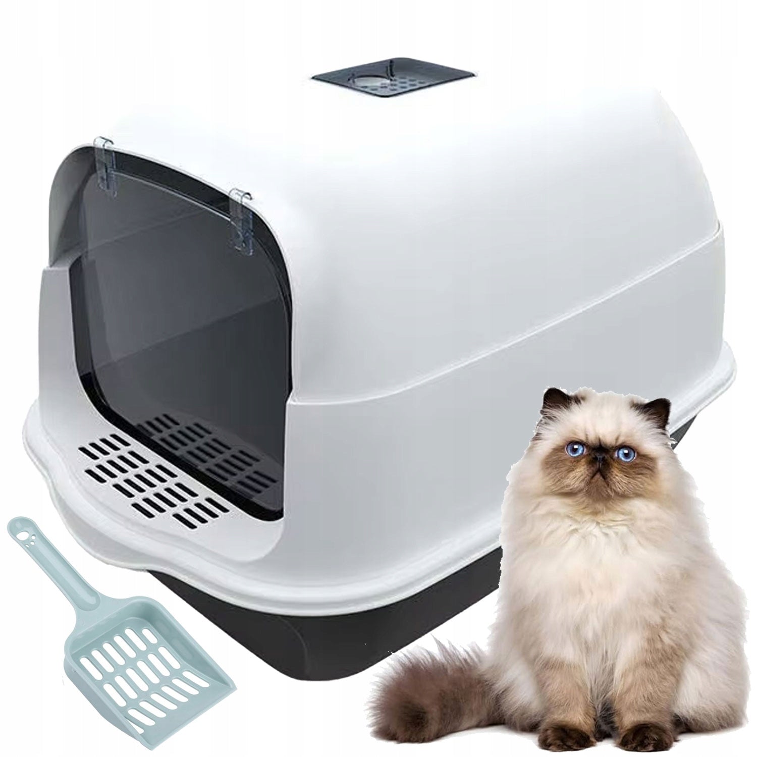 Kačių tualeto dėžutė Uždaroma didelė tvirta kačių tualeto dėžutė su kraiko kastuvėliu
