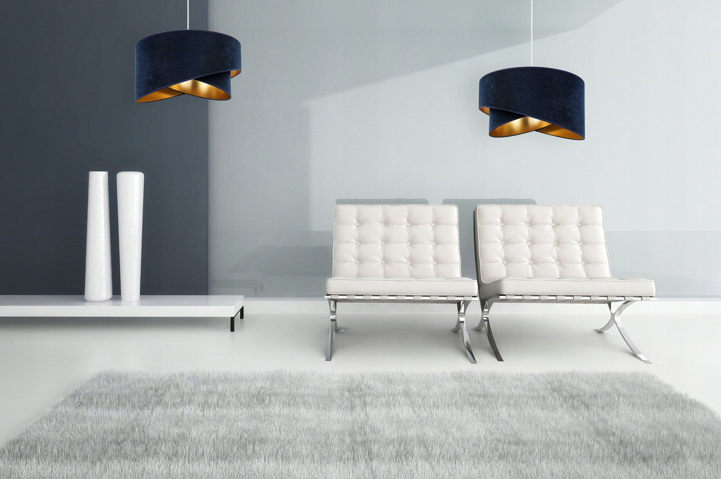 Pakabinamas lubinis šviestuvas Liustra, tamsiai mėlynas, auksiniu aksominiu gaubtu