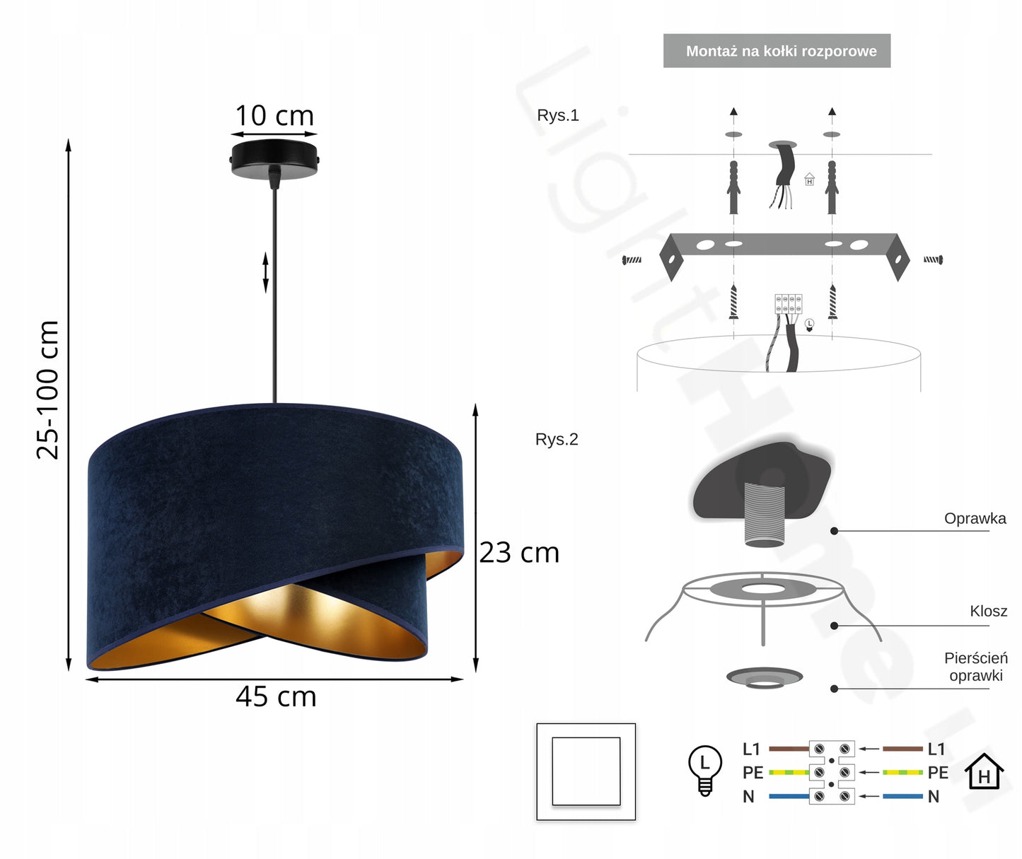 Pakabinamas lubinis šviestuvas Liustra, tamsiai mėlynas, auksiniu aksominiu gaubtu