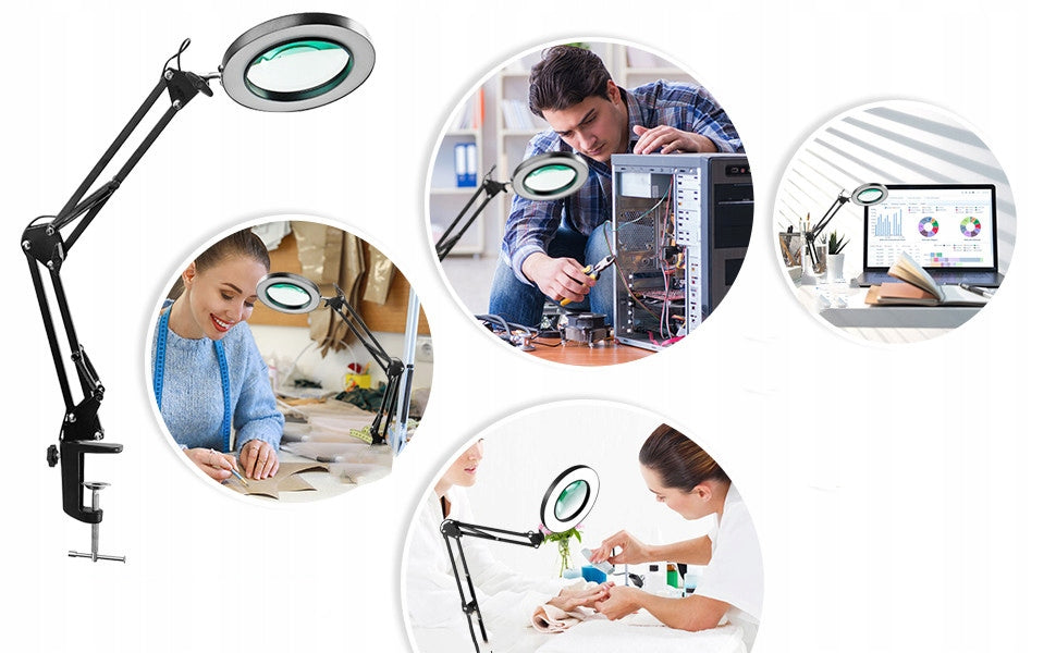 Stalinė lempa su didinamuoju stiklu, 5x didinimas, skirta kosmetologams, juvelyrams TECHREBAL