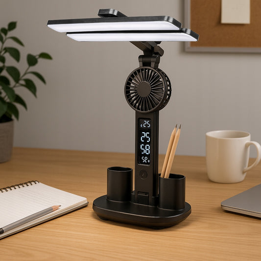 LED stalinis šviestuvas su ventiliatoriumi, laikrodžiu, mokyklai, reguliuojamas